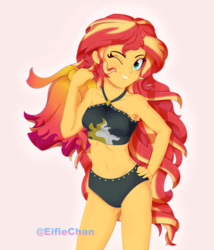Size: 3000x3500 | Tagged: safe, artist:katakiuchi4u, sunset shimmer, equestria girls, equestria girls series, forgotten friendship, adorasexy, armpits, belly button, bikini, bikini babe, black swimsuit, breasts, clothes, commission, cute, cutie mark swimsuit, female, freckles, jeweled swimsuit, looking at you, one eye closed, peppered bacon, sarong, sexy, shimmerbetes, sleeveless, smiling, solo, stupid sexy sunset shimmer, summer sunset, sunset swimsuit, swimsuit, underass, undressed, wink
