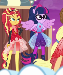 Size: 604x722 | Tagged: safe, screencap, applejack, sci-twi, sunset shimmer, twilight sparkle, equestria girls, equestria girls series, g4, rollercoaster of friendship, boots, clothes, cropped, dress, female, glasses, hand on hip, offscreen character, pantyhose, ponied up, pony ears, ponytail, sci-twilicorn, shoes, skirt, sleeveless, super ponied up, wings