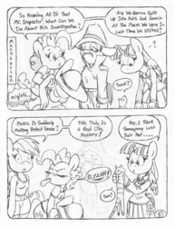 Size: 849x1100 | Tagged: safe, artist:circe, fluttershy, pinkie pie, rainbow dash, twilight sparkle, alicorn, anthro, unguligrade anthro, comic:soreloser, black and white, grayscale, inspector jacques clouseau, monochrome, tongue out, traditional art, twilight sparkle (alicorn)