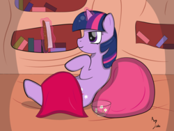 Size: 1500x1125 | Tagged: safe, artist:augjodo, twilight sparkle, pony, unicorn, g4, beanbag chair, blanket, book, bookshelf, colored, comfy, digital art, female, golden oaks library, magic, mare, night, telekinesis