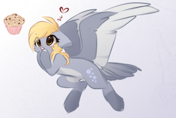 Size: 1067x717 | Tagged: dead source, safe, artist:php146, derpy hooves, pegasus, pony, g4, abstract background, alternate design, cheek fluff, coat markings, colored wings, cute, derpabetes, eye clipping through hair, female, floppy ears, flying, food, hair over one eye, heart, hoof over mouth, large wings, mare, muffin, open mouth, pale belly, socks (coat markings), solo, tail feathers, two toned wings, wings