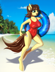 Size: 2000x2611 | Tagged: safe, artist:lightly-san, oc, oc only, oc:gear, earth pony, anthro, unguligrade anthro, anthro oc, beach, blurry background, breasts, clothes, commission, digital art, ear fluff, female, happy, high res, inner tube, mare, one-piece swimsuit, pool toy, signature, solo, swimsuit, ych result