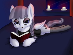 Size: 2000x1500 | Tagged: safe, artist:tunrae, inky rose, pegasus, pony, g4, bed, bedroom, candle, lying on bed, reading, solo