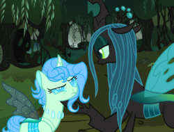 Size: 1632x1238 | Tagged: safe, artist:nocturna76, queen chrysalis, oc, oc:senna, changedling, changeling, g4, female, looking at each other, mother and daughter, parent:queen chrysalis, tree
