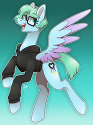 Size: 1917x2572 | Tagged: safe, artist:polymercorgi, oc, oc only, pegasus, pony, clothes, female, glasses, hoodie, mare, solo, two toned wings