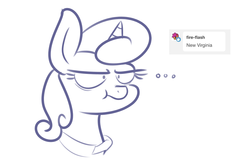 Size: 1200x800 | Tagged: safe, artist:heir-of-rick, lemon hearts, pony, unicorn, g4, ..., ask, bust, clothes, fallout, fallout 76, female, jumpsuit, lemon hearts is not amused, mare, monochrome, simple background, solo, tumblr, unamused, vault suit, white background