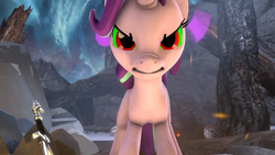 Size: 1280x720 | Tagged: safe, artist:redaceofspades, starlight glimmer, pony, unicorn, g4, 3d, angry, female, solo, sombra eyes, source filmmaker, sword, tree, weapon, youtube link
