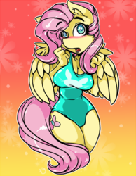 Size: 640x823 | Tagged: safe, artist:duckdraw, fluttershy, pegasus, anthro, g4, blushing, breasts, busty fluttershy, cleavage, clothes, explicit source, female, one-piece swimsuit, open mouth, solo, swimsuit