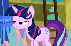 Size: 720x470 | Tagged: safe, screencap, starlight glimmer, a matter of principals, g4, annoyed, ladder, not twilight sparkle, starlight glimmer is not amused, unamused, wig