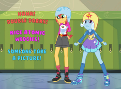 Size: 1024x750 | Tagged: safe, artist:betweentwocheeks, sunset shimmer, trixie, equestria girls, g4, my little pony equestria girls: better together, atomic wedgie, blushing, bully, bullying, camp everfree outfits, female, implied lesbian, implied shipping, implied suntrix, lockers, looking at you, underwear swap, wedgie