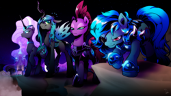 Size: 3000x1688 | Tagged: safe, artist:dormin-dim, nightmare rarity, queen chrysalis, tempest shadow, oc, pony, g4, armor, broken horn, castle of the royal pony sisters, commission, eye scar, eyepatch, horn, night, scar, scenery, stars
