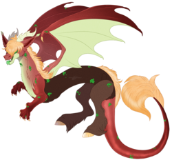 Size: 1487x1377 | Tagged: safe, artist:bijutsuyoukai, oc, oc only, draconequus, hybrid, claws, draconequus oc, dragon wings, forked tongue, green tongue, hair over eyes, horns, interspecies offspring, magical gay spawn, magical threesome spawn, male, multiple parents, offspring, parent:big macintosh, parent:discord, parent:spike, parents:dispikemac, pony hooves, scales, simple background, solo, tongue out, transparent background, unshorn fetlocks, wing claws
