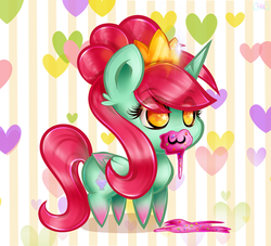 Size: 1024x931 | Tagged: safe, artist:thetarkaana, oc, oc only, oc:empress lace, alicorn, pony, :3, alicorn oc, candy, chibi, crown, cute, eating, female, food, jewelry, regalia, smiling, solo