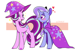 Size: 2100x1400 | Tagged: safe, artist:1racat, starlight glimmer, trixie, pony, unicorn, g4, blushing, colored hooves, female, floating heart, heart, lesbian, mare, ship:startrix, shipping, simple background, white background