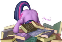 Size: 2777x1897 | Tagged: safe, artist:awalex, twilight sparkle, pony, unicorn, g4, adorkable, ass up, book, book title humor, bookhorse, both cutie marks, butt, cute, dialogue, dimples of venus, dock, dork, face down ass up, female, heart, high res, mare, pile of books, plot, simple background, solo, that pony sure does love books, transparent background, twibutt, unicorn twilight
