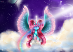 Size: 1024x737 | Tagged: safe, artist:thetarkaana, oc, oc only, oc:empress lace, alicorn, pony, alicorn oc, cloud, female, horn, solo, space, wings