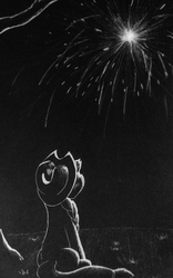 Size: 698x1122 | Tagged: safe, artist:tunrae, applejack, earth pony, pony, g4, female, fireworks, hat, inverted, monochrome, solo, traditional art