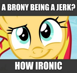 Size: 1080x1024 | Tagged: safe, edit, edited screencap, editor:apex soundwave, screencap, sunset shimmer, pony, unicorn, equestria girls, g4, caption, cloud, female, image macro, impact font, ironic, irony, jerk, op is a duck, op is on drugs, op is trying to start shit, reaction image, shimmerposting, smiling, solo, text