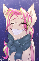 Size: 2245x3453 | Tagged: dead source, safe, artist:drizziedoodles, oc, oc only, oc:berry limeade, bat pony, pony, bat pony oc, clothes, ear piercing, eyes closed, fangs, grin, high res, piercing, scarf, smiling, snow, snowfall, solo, winter