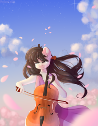 Size: 1245x1600 | Tagged: safe, artist:melloncollie-chan, octavia melody, earth pony, anthro, g4, cello, clothes, crying, dress, female, flower petals, mare, musical instrument, smiling, solo, tears of joy