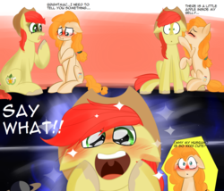 Size: 1400x1200 | Tagged: safe, artist:zouyugi, bright mac, pear butter, earth pony, pony, g4, blushing, brightabetes, comic, cute, excited, female, fluffy mane, happy, hat, husband and wife, implied pregnancy, male, mare, pearabetes, pregnant, say what, ship:brightbutter, shipping, shy, straight, universe, you're going to be a father