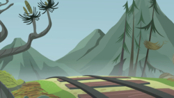 Size: 1440x810 | Tagged: safe, screencap, g4, the lost treasure of griffonstone, branches, mountain, no pony, pine tree, pinecone, scenery, train tracks, tree
