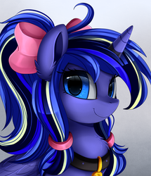 Size: 1722x2003 | Tagged: safe, artist:pridark, oc, oc only, oc:woona sparkle, alicorn, pony, unicorn, adorable face, alicorn oc, blue eyes, bow, bust, collar, commission, cute, female, fluffy, hair bow, mare, portrait, smiling, solo