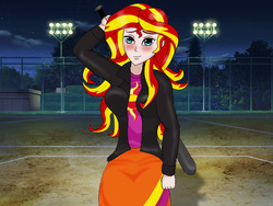 Size: 800x600 | Tagged: safe, artist:anonix123, sunset shimmer, equestria girls, g4, baseball bat, clothes, female, fence, field, human coloration, jacket, leather jacket, lights, looking at you, skirt, smiling, solo