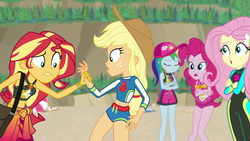 Size: 1920x1080 | Tagged: safe, screencap, applejack, fluttershy, pinkie pie, rainbow dash, sunset shimmer, equestria girls, equestria girls specials, g4, my little pony equestria girls: better together, my little pony equestria girls: forgotten friendship, :o, belly button, clothes, female, geode of empathy, geode of fauna, geode of sugar bombs, geode of super speed, geode of super strength, magical geodes, midriff, open mouth, sleeveless, swimsuit, wetsuit