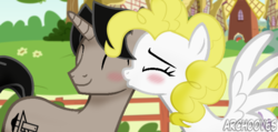 Size: 752x357 | Tagged: safe, artist:archooves, artist:catsofdeath, surprise, oc, oc:archooves, pegasus, pony, unicorn, g1, archrise, base used, blushing, canon x oc