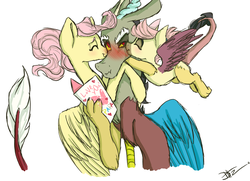Size: 1024x743 | Tagged: safe, artist:loladotz, discord, fluttershy, oc, oc:wisteria, draconequus, hybrid, pegasus, pony, g4, :t, blushing, card, cheek kiss, cute, discord is not amused, discute, father's day, female, flying, interspecies offspring, kiss sandwich, kissing, male, mare, nuzzling, ocbetes, offspring, parent:discord, parent:fluttershy, parents:discoshy, ponytail, ship:discoshy, shipping, shyabetes, signature, simple background, straight, unamused, white background, writing