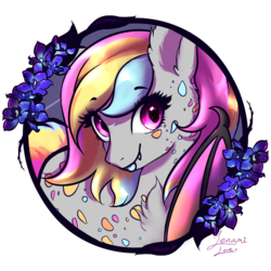 Size: 1500x1500 | Tagged: safe, artist:lenamilove, oc, oc only, oc:sapphira, bat pony, pony, :p, bat pony oc, bat wings, commission, cute, cute little fangs, digital art, ear fluff, fangs, female, flower, frame, looking at you, mare, multicolored hair, multicolored mane, signature, silly, simple background, smiling, solo, tongue out, transparent background, wings, ych result
