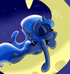 Size: 2731x2917 | Tagged: safe, artist:catlion3, princess luna, alicorn, pony, g4, crescent moon, female, floating wings, high res, mare, meteor, moon, night, night sky, sky, sky background, sleeping, sleeping on moon, smiling, solo, stars, tangible heavenly object, transparent moon