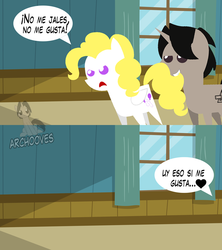 Size: 853x960 | Tagged: safe, artist:catsofdeath, surprise, oc, oc:archooves, pony, archrise, biting, duo, implied sex, spanish, tail, tail pull