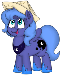 Size: 870x1066 | Tagged: safe, artist:hardway bet, artist:hardwaybet, princess luna, alicorn, pony, moonstuck, g4, cartographer's cap, cutie mark, fanart, female, filly, hat, jewelry, open mouth, regalia, simple background, solo, white background, woona, younger
