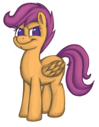 Size: 415x532 | Tagged: safe, artist:hardway bet, artist:hardwaybet, scootaloo, pegasus, pony, g4, female, filly, looking at you, simple background, smiling, smirk, solo, white background