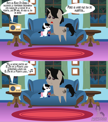 Size: 853x960 | Tagged: safe, artist:archooves, artist:catsofdeath, oc, oc:archooves, oc:marie, pony, archrise, baby, baby pony, comic, female, filly, offspring, parent:oc:archooves, parent:surprise, parents:archrise, parents:canon x oc, pointy ponies, radio, spanish