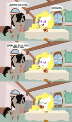 Size: 569x960 | Tagged: safe, artist:catsofdeath, surprise, oc, oc:archooves, pony, archrise, chocolate, duo, food, spanish