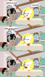 Size: 569x960 | Tagged: safe, artist:catsofdeath, surprise, oc, oc:archooves, pony, g1, g4, archrise, chocolate, duo, food, g1 to g4, generation leap, spanish