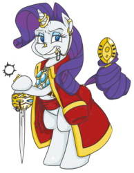 Size: 602x776 | Tagged: safe, artist:hardway bet, artist:hardwaybet, rarity, pony, unicorn, g4, bipedal, captain, clothes, ear chain, ear piercing, earring, female, grin, gun, handgun, hoof hold, horn, horn jewelry, horn ring, jacket, lidded eyes, lip piercing, lip ring, looking at you, mare, nose piercing, nose ring, peytral, piercing, pistol, rogue trader, sash, simple background, smiling, solo, sword, tail hold, warhammer (game), warhammer 40k, weapon, white background