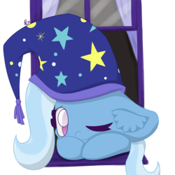 Size: 3000x3000 | Tagged: safe, artist:glaisia, trixie, pony, unicorn, g4, commission, cute, daaaaaaaaaaaw, female, hat, head, high res, hooves, looking at you, mare, nightcap, one eye closed, purple eyes, signature, sleepy, smiling, solo, trixie's nightcap, window