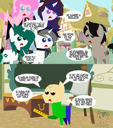 Size: 853x960 | Tagged: safe, artist:archooves, oc, oc:archooves, oc:cbtis-chan, oc:conalep, oc:pinky shy, oc:space crusher, pony, baldi, baldi's basics in education and learning, male, pointy ponies, simpsons did it, spanish, the simpsons, translated in the comments