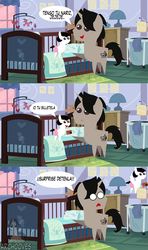 Size: 568x960 | Tagged: safe, artist:archooves, oc, oc:archooves, oc:marie, pony, archrise, baby, baby pony, crib, dialogue, diaper, foal, mobile, offspring, parent:oc:archooves, parent:surprise, parents:archrise, pointy ponies, spanish, translated in the comments