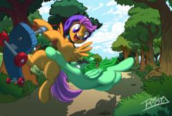 Size: 5049x3398 | Tagged: safe, artist:prismspark, scootaloo, oc, pegasus, pony, g4, duo, forest, goggles, scooter, tree