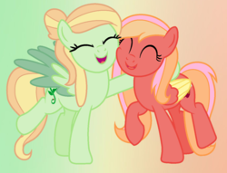 Size: 1240x948 | Tagged: safe, artist:lucymarie2000, oc, oc only, oc:lilly apple, oc:windy leaf, base used, cousins, duo, eyes closed, female, gradient background, hoof around neck, mare, nuzzling, offspring, parent:big macintosh, parent:fluttershy, parent:tree hugger, parent:zephyr breeze, parents:fluttermac, parents:zephyrhugger, smiling
