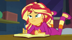 Size: 800x450 | Tagged: safe, screencap, sunset shimmer, equestria girls, equestria girls series, forgotten friendship, animated, ass, barefoot, bed, book, bunset shimmer, butt, clothes, cute, eyes closed, feet, female, gif, lidded eyes, looking up, pajamas, prone, removing shoes, shimmerbetes, slippers, smiling, solo, writing