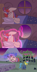 Size: 1280x2468 | Tagged: safe, artist:heir-of-rick, lemon hearts, moondancer, earth pony, pony, unicorn, g4, bed, bed mane, clothes, comic, dialogue, duo, fallout, fallout 76, female, glasses, jumpsuit, magic, magic abuse, mare, pipbuck, raised hoof, screaming, singing, sleeping, take me home country roads, telekinesis, vault suit