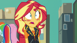 Size: 800x450 | Tagged: safe, screencap, fluttershy, rainbow dash, sunset shimmer, equestria girls, equestria girls specials, g4, my little pony equestria girls: better together, my little pony equestria girls: forgotten friendship, animated, blushing, cute, female, geode of empathy, gif, magical geodes, offscreen character, shimmerbetes