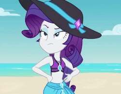 Size: 800x622 | Tagged: safe, screencap, rarity, equestria girls, equestria girls specials, g4, my little pony equestria girls: better together, my little pony equestria girls: forgotten friendship, angry, animated, annoyed, beach, belly button, bikini, bikini top, clothes, cropped, female, geode of shielding, gif, hat, magical geodes, midriff, ocean, rarity is not amused, rarity's purple bikini, sarong, solo, sun hat, swimsuit, towel, unamused