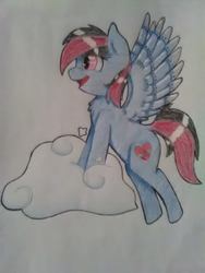 Size: 720x960 | Tagged: safe, artist:sarah black, oc, oc only, oc:mistic spirit, cyborg, pegasus, pony, 2019, cloud, cute, flying, happy, prosthetic wing, smiling, solo, traditional art